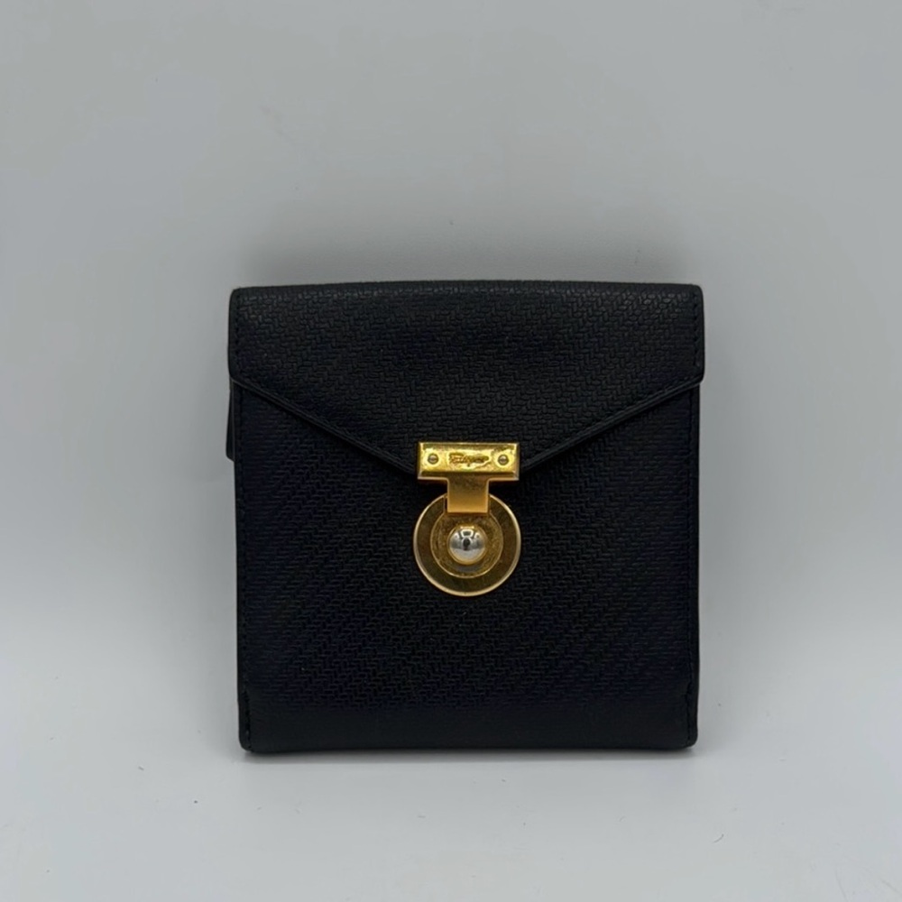 Salvatore Ferragamo Black Leather Wallet with Gold Accents